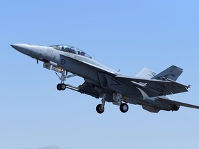An F/A-18F Super Hornet fighter jet, manufactured by Boeing Co.