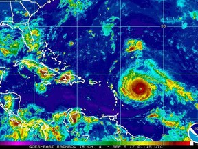This Monday, Sept. 4, 2017, satellite image provided by the National Oceanic and Atmospheric Administration shows Hurricane Irma nearing the eastern Caribbean