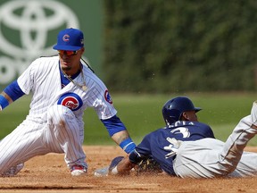 Milwaukee Brewers' Orlando Arcia is tagged out by Chicago Cubs' Javier Baez trying to steal second base during the fifth inning of a baseball game, Sunday, 10, 2017, in Chicago. (AP Photo/Jim Young)
