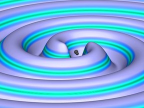 An illustration of the black hole merger and space-time reverberations.