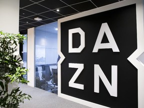 The DAZN logo is displayed at the company's offices in Tokyo on Wednesday, Aug. 2, 2017. DAZN is a UK-owned sports streaming service that launched in Canada with the NFL this season.