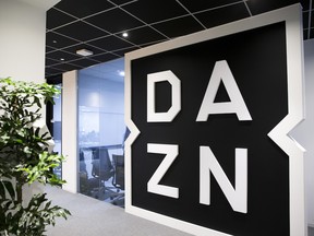 The DAZN logo is displayed at the company's offices in Tokyo, Japan.