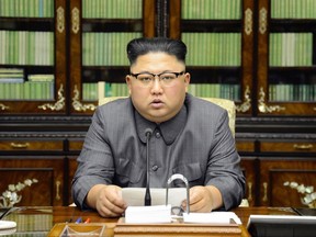 In this Thursday, Sept. 21, 2017, photo distributed on Friday, Sept. 22, 2017, by the North Korean government, North Korean leader Kim Jong Un delivers a statement in response to U.S. President Donald Trump's speech to the United Nations, in Pyongyang, North Korea. Kim, in an extraordinary and direct rebuke, called Trump "deranged" and said he will "pay dearly" for his threats, a possible indication of more powerful weapons tests on the horizon. Independent journalists were not given access to cover the event depicted in this image distributed by the Korean Central News Agency via Korea News Service. The content of this image is as provided and cannot be independently verified. (Korean Central News Agency/Korea News Service via AP)