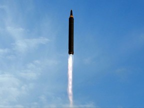 This undated photo distributed on Saturday, Sept. 16, 2017, by the North Korean government shows what was said to be the test launch of an intermediate range Hwasong-12 in North Korea. Independent journalists were not given access to cover the event depicted in this image distributed by the North Korean government. The content of this image is as provided and cannot be independently verified. (Korean Central News Agency/Korea News Service via AP)