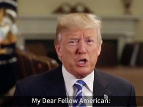 In this undated image made from video released by the White House, President Donald Trump speaks during a video welcome message for new American citizens. The video will be played for more than 9,000 new citizens Wednesday, Sept. 20, 2017, at two naturalization ceremonies in Los Angeles. Former Presidents Barack Obama and George W. Bush produced similar video messages for use during these events. (The White House via AP)
