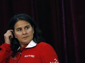 FILE - A Thursday, April 6, 2017 file photo of Spain team captain Conchita Martinez at a press conference after the draw for the tennis Davis Cup quarterfinal match in Belgrade, Serbia. The Spanish tennis federation says Conchita Martinez will not remain as the country's captain for the Fed Cup and Davis Cup teams. The federation said Thursday that its board of directors unanimously decided to "make a change in the leadership of its professional teams to face new challenges in 2018." (AP Photo/Darko Vojinovic, File)
