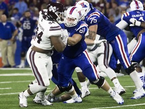 Mississippi State defensive lineman Jeffery Simmons battles Louisiana Tech's offensive lineman Ethan Reed during the first half of an NCAA college football game in Ruston, La., Saturday, Sept. 9, 2017. (Hannah Baldwin/Monroe News Star via AP)