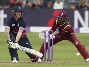 England's Ben Stokes bats during the third One Day International against West Indies at Bristol County Ground, England, Sunday Sept. 24, 2017. (David Davies/PA via AP)