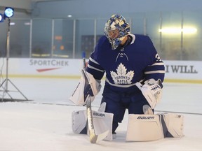 Toronto Maple Leafs goalie Frederik Andersen poses during a photo session at training camp on Sept. 14.