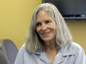 Former Charles Manson follower Leslie Van Houten confers with her attorney Rich Pfeiffer, not shown, during a break from her hearing before the California Board of Parole Hearings at the California Institution for Women in Chino, Calif., Thursday, April 14, 2016.