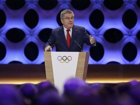 International Olympic Committee President Thomas Bach speaks during the opening IOC session in Lima, Peru, Wednesday, Sept. 13, 2017. The IOC will vote to ratify Los Angeles as the host city of the 2028 Olympic and Paralympic Games and Paris as the host city of the 2024 Games. (AP Photo/Martin Mejia)