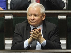 FILE - In this file photo dated Thursday, July 20, 2017, leader of the ruling Law and Justice party, Jaroslaw Kaczynski reacts after lawmakers voted to approve a law on court control in the parliament in Warsaw, Poland.  Poland's parliament gets back to work on Tuesday Sept. 20, 2017, launching what is widely expected to be an autumn of political change, with Kaczynski wanting to limit the number of media under foreign-ownership, among other issues. (AP Photo/Alik Keplicz, FILE)