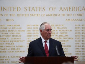 U.S. Secretary of State Rex Tillerson speaks at the U.S Embassy in London, Thursday, Sept. 14, 2017, during his second visit to Britain since taking office in February.  (Hannah McKay/Pool Photo via AP)
