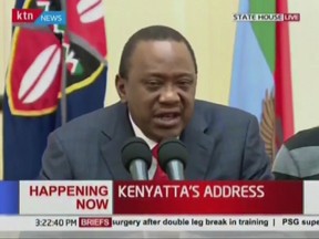 Kenya's President  Uhuru Kenyatta speaks to the nation in this image taken from TV, Friday Sept. 1, 2017.  Kenya's Supreme Court on Friday nullified President Uhuru Kenyatta's election win last month and called for new elections within 60 days, shocking a country that had been braced for further protests by opposition supporters.(Kenya TV pool via AP)