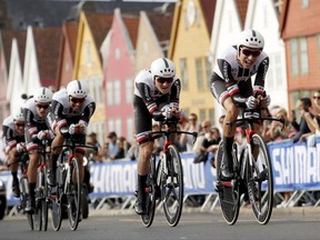 Team Sunweb in action during the Men's Team Time Trial in the UCI Road World Championships in Bergen, Norway, Sunday Sept. 17, 2017. (Cornelius Poppe/NTB Scanpix via AP)