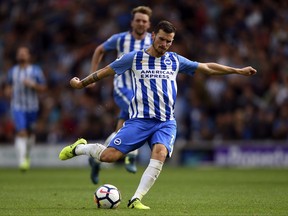 Brighton & Hove Albion's Pascal Gross scores against West Bromwich Albion during the English Premier League match at the AMEX Stadium, Brighton, England, Saturday Sept. 9, 2017. (Daniel Hambury/PA via AP)