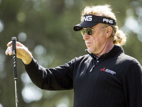 Miguel Angel Jimenez of Spain in action during the first round of the Omega European Masters Golf Tournament in Crans-Montana, Switzerland, Thursday, Sept. 7, 2017. Jimenez fired a 6-under round of 64 in a three-way tie for the lead after the European Masters first round on Thursday. (Alexandra Wey/Keystone)