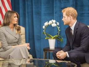 Britain's Prince Harry speaks during a bilateral meeting with First Lady of the United States Melania Trump ahead of the start of the 2017 Invictus Games in Toronto, Canada, Saturday Sept. 23, 2017. (Danny Lawson/PA via AP)