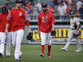 Boston Red Sox starting pitcher David Price, center, walks from the bullpen with teammates after defeating the Oakland Athletics 6-2 in a baseball game at Fenway Park in Boston, Thursday, Sept. 14, 2017. Price, who was activated from the disabled list prior to the game, is expected to work as a reliever. (AP Photo/Charles Krupa)
