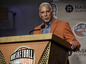 Basketball Hall of Fame inductee Nick Galis, of Greece, speaks during a news conference at the Naismith Memorial Basketball Hall of Fame, Thursday, Sept. 7, 2017, in Springfield, Mass. (AP Photo/Jessica Hill)