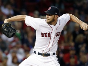 Boston Red Sox's Chris Sale pitches during the first inning of a baseball game against the Tampa Bay Rays in Boston, Saturday, Sept. 9, 2017. (AP Photo/Michael Dwyer)