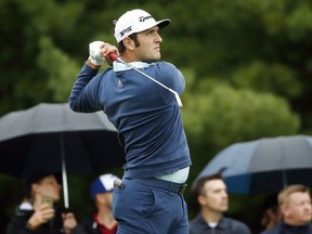 Jon Rahm, of Spain, tees off on the third hole during the third round of the Dell Technologies Championship golf tournament at TPC Boston in Norton, Mass., Sunday, Sept. 3, 2017. (AP Photo/Michael Dwyer)