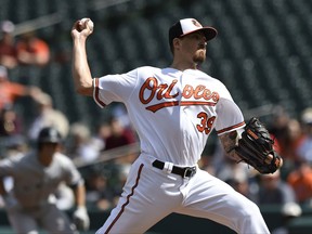Baltimore Orioles pitcher Kevin Gausman delivers a pitch to the New York Yankees in the first inning of a baseball game, Thursday, Sept. 7, 2017, in Baltimore. (AP Photo/Gail Burton)