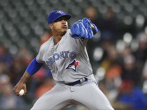 Toronto Blue Jays pitcher Marcus Stroman delivers against the Baltimore Orioles in the first inning of a baseball game, Saturday, Sept. 2, 2017, in Baltimore. (AP Photo/Gail Burton)