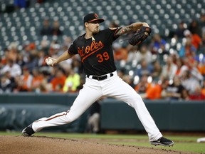 Baltimore Orioles starting pitcher Kevin Gausman throws to the Toronto Blue Jays during the first inning of a baseball game in Baltimore, Friday, Sept. 1, 2017. (AP Photo/Patrick Semansky)