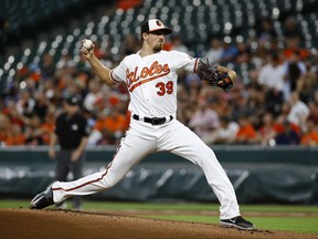 Baltimore Orioles starting pitcher Kevin Gausman throws to the Boston Red Sox in the first inning of a baseball game in Baltimore, Tuesday, Sept. 19, 2017. (AP Photo/Patrick Semansky)