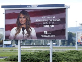 A billboard advertisement for the American Institute school in Zagreb featuring an image of the U.S. First Lady Melania Trump.