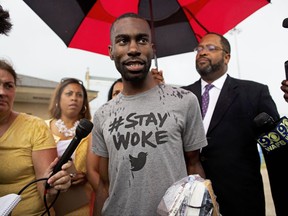 FILE - In this July 10, 2016, file photo, Black Lives Matter activist DeRay Mckesson talks to the media after his release from the Baton Rouge jail in Baton Rouge, La. A federal judge has ruled, Thursday, Sept. 28, 2017, that Black Lives Matter is a social movement that can't be sued over an officer's injuries during a protest following a deadly police shooting in Baton Rouge last year. (AP Photo/Max Becherer, File)