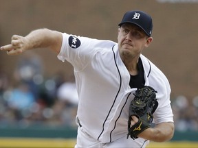 Detroit Tigers starting pitcher Jordan Zimmermann throws during the first inning of a baseball game against the Cleveland Indians, Saturday, Sept. 2, 2017, in Detroit. (AP Photo/Carlos Osorio)