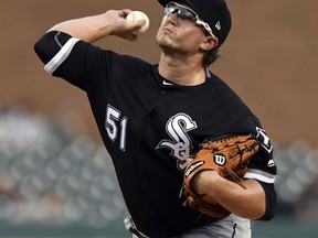 Chicago White Sox starting pitcher Carson Fulmer delivers against the Detroit Tigers during the first inning of a baseball game, Friday, Sept. 15, 2017, in Detroit. (AP Photo/Jose Juarez)