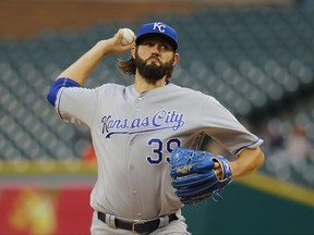 Kansas City Royals pitcher Jason Hammel throws against the Detroit Tigers in the first inning of a baseball game in Detroit, Wednesday, Sept. 6, 2017. (AP Photo/Paul Sancya)