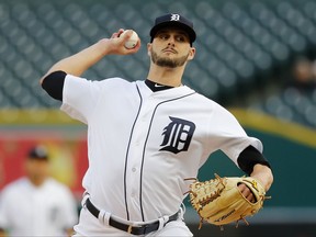 Detroit Tigers pitcher Myles Jaye )throws to a Kansas City Royals batter during the first inning of a baseball game in Detroit, Tuesday, Sept. 5, 2017. (AP Photo/Paul Sancya)