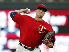 Minnesota Twins pitcher Kyle Gibson throws against the San Diego Padres in the first inning of a baseball game Tuesday, Sept. 12, 2017, in Minneapolis. (AP Photo/Jim Mone)