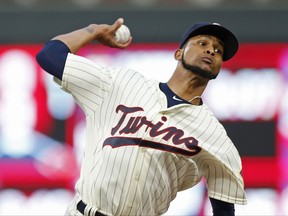 Minnesota Twins pitcher Ervin Santana throws against the San Diego Padres in the first inning of a baseball game Wednesday, Sept. 13, 2017, in Minneapolis. (AP Photo/Jim Mone)
