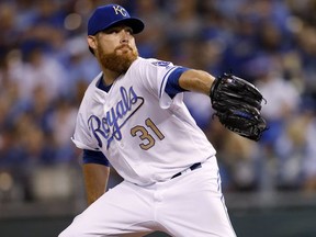 Kansas City Royals pitcher Ian Kennedy throws to an Arizona Diamondbacks batter in the first inning of a baseball game at Kauffman Stadium in Kansas City, Mo., Friday, Sept. 29, 2017. (AP Photo/Colin E. Braley)