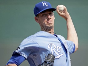 Kansas City Royals starting pitcher Eric Skoglund throws during the first inning of a baseball game against the Chicago White Sox Wednesday, Sept. 13, 2017, in Kansas City, Mo. (AP Photo/Charlie Riedel)