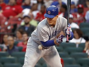 Chicago Cubs' Anthony Rizzo is hit by a pitch during the first inning of a baseball game against the St. Louis Cardinals Wednesday, Sept. 27, 2017, in St. Louis. (AP Photo/Jeff Roberson)