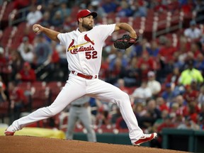 St. Louis Cardinals starting pitcher Michael Wacha throws during the first inning of a baseball game against the Chicago Cubs Wednesday, Sept. 27, 2017, in St. Louis. (AP Photo/Jeff Roberson)