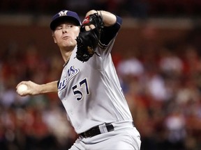 Milwaukee Brewers starting pitcher Chase Anderson throws during the first inning of a baseball game against the St. Louis Cardinals on Friday, Sept. 29, 2017, in St. Louis. (AP Photo/Jeff Roberson)