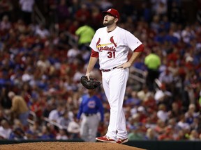 St. Louis Cardinals starting pitcher Lance Lynn pauses on the mound after walking Chicago Cubs' Leonys Martin during the fifth inning of a baseball game Thursday, Sept. 28, 2017, in St. Louis. (AP Photo/Jeff Roberson)