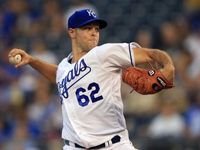 Kansas City Royals starting pitcher Sam Gaviglio delivers to a Minnesota Twins batter during the first inning of a baseball game at Kauffman Stadium in Kansas City, Mo., Thursday, Sept. 7, 2017. (AP Photo/Orlin Wagner)
