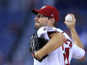 Washington Nationals starting pitcher Max Scherzer (31) throws during the first inning of a baseball game against the Atlanta Braves in Washington, Wednesday, Sept. 13, 2017. (AP Photo/Manuel Balce Ceneta)