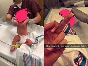 A video shows a female staffer holding the infant by the armpit, moving the arms and body as music played in the background. A photo shows a staffer giving an infant the middle finger.