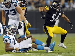 Pittsburgh Steelers' L.J. Fort (54) celebrates after sacking Carolina Panthers' Joe Webb (14) in the first half of an NFL preseason football game in Charlotte, N.C., Thursday, Aug. 31, 2017. (AP Photo/Mike McCarn)