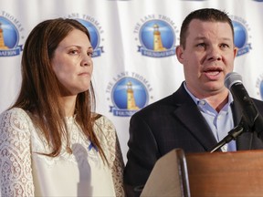 Matt and Melissa Graves, parents of Lane Thomas, the 2-year-old Nebraska boy who was killed by an alligator last year at Walt Disney World, speak at a news conference in Omaha, Neb., Wednesday, Sept. 27, 2017. They have created a foundation to help families with children receiving organ transplants. (AP Photo/Nati Harnik)
