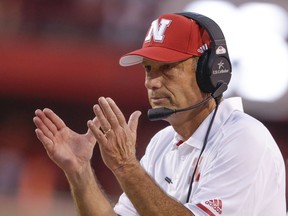 Nebraska head coach Mike Riley applauds after a play review confirmed a touchdown by wide receiver Stanley Morgan Jr. during the first half of an NCAA college football game against Arkansas State in Lincoln, Neb., Saturday, Sept. 2, 2017. (AP Photo/Nati Harnik)